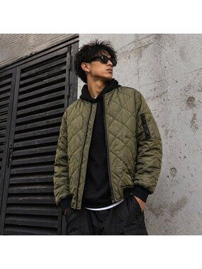 Quilted Bomber Men’s XL Olive Army Green Jacket Streetwear Zip Sleeve Military